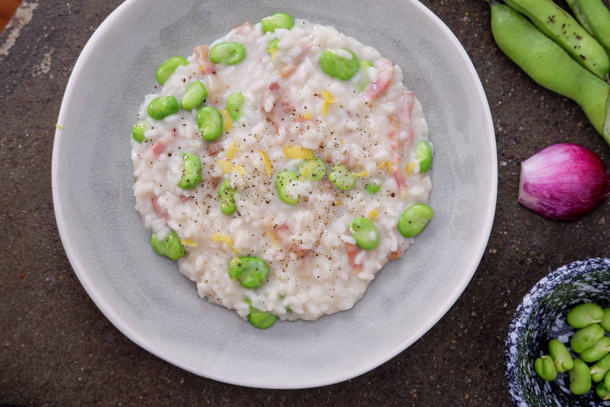 Risotto con fave, guanciale e pecorino — GNAMBOX